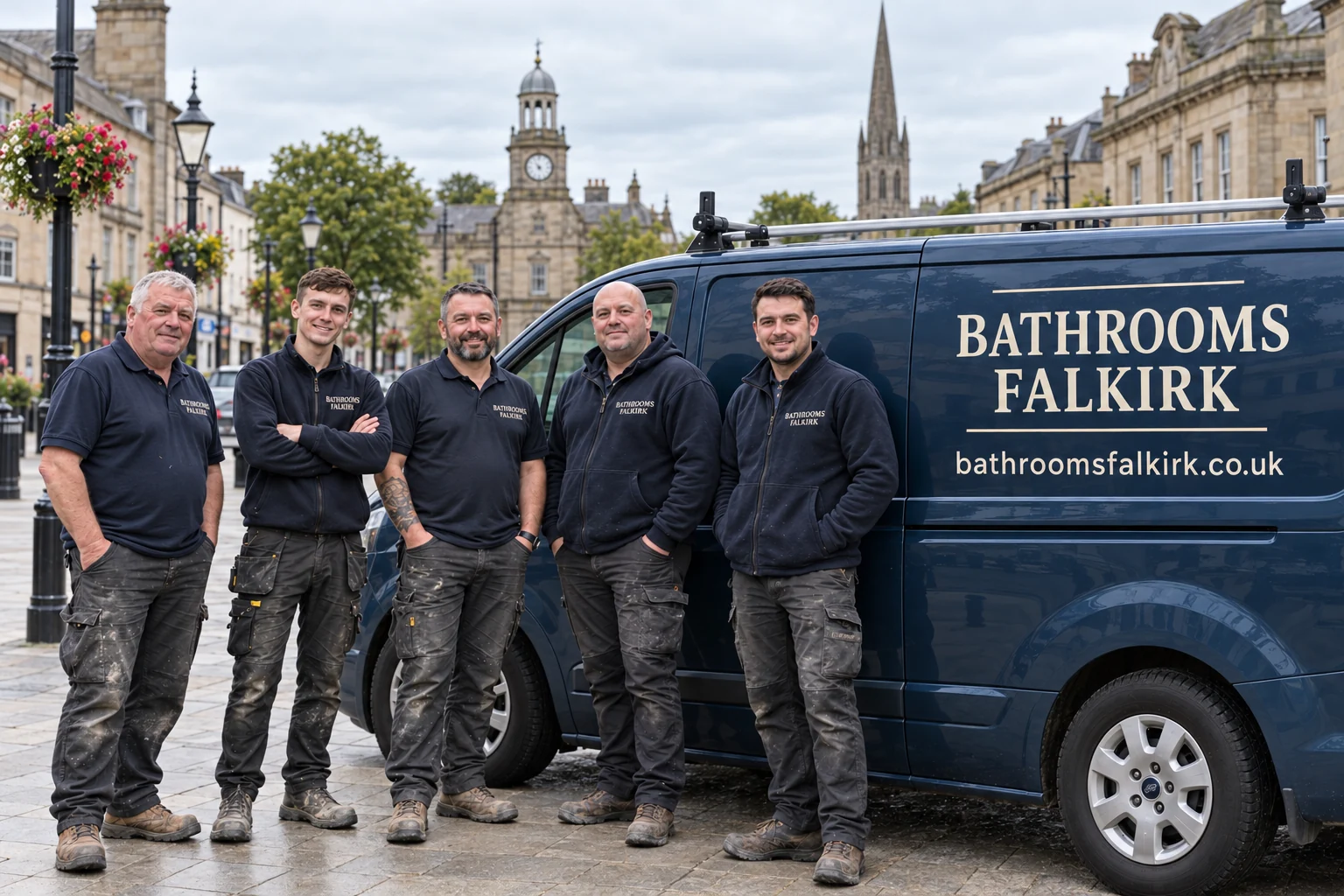 Bathroom trade group beside a bathroomsfalkirk.co.uk branded van