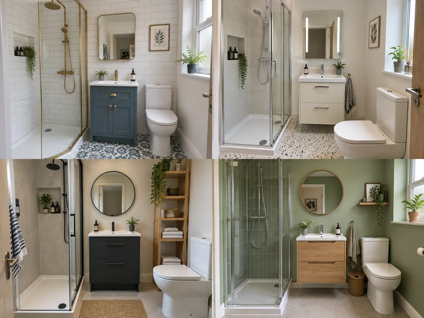 Compact shower room with soft terrazzo floor, cream vanity, chrome screen